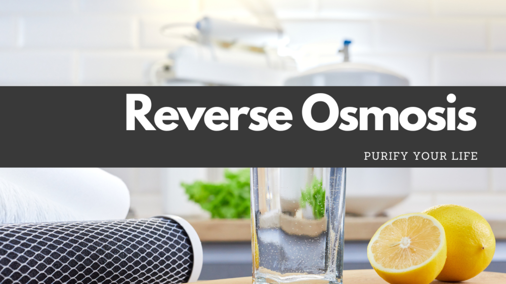 Reverse Osmosis. picture of clean water in glass with lemons and reverse osmosis treatment filter.