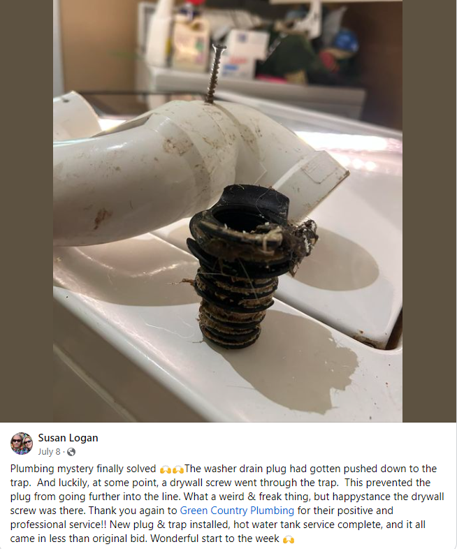 Sand Springs Plumbing Detectives solve plumbing problems for customer Susan. Screenshot from Facebook post of customer, Susan.