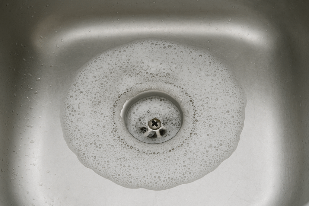 Close-up of a slow-draining sink with hair and soap residue, highlighting plumbing issues