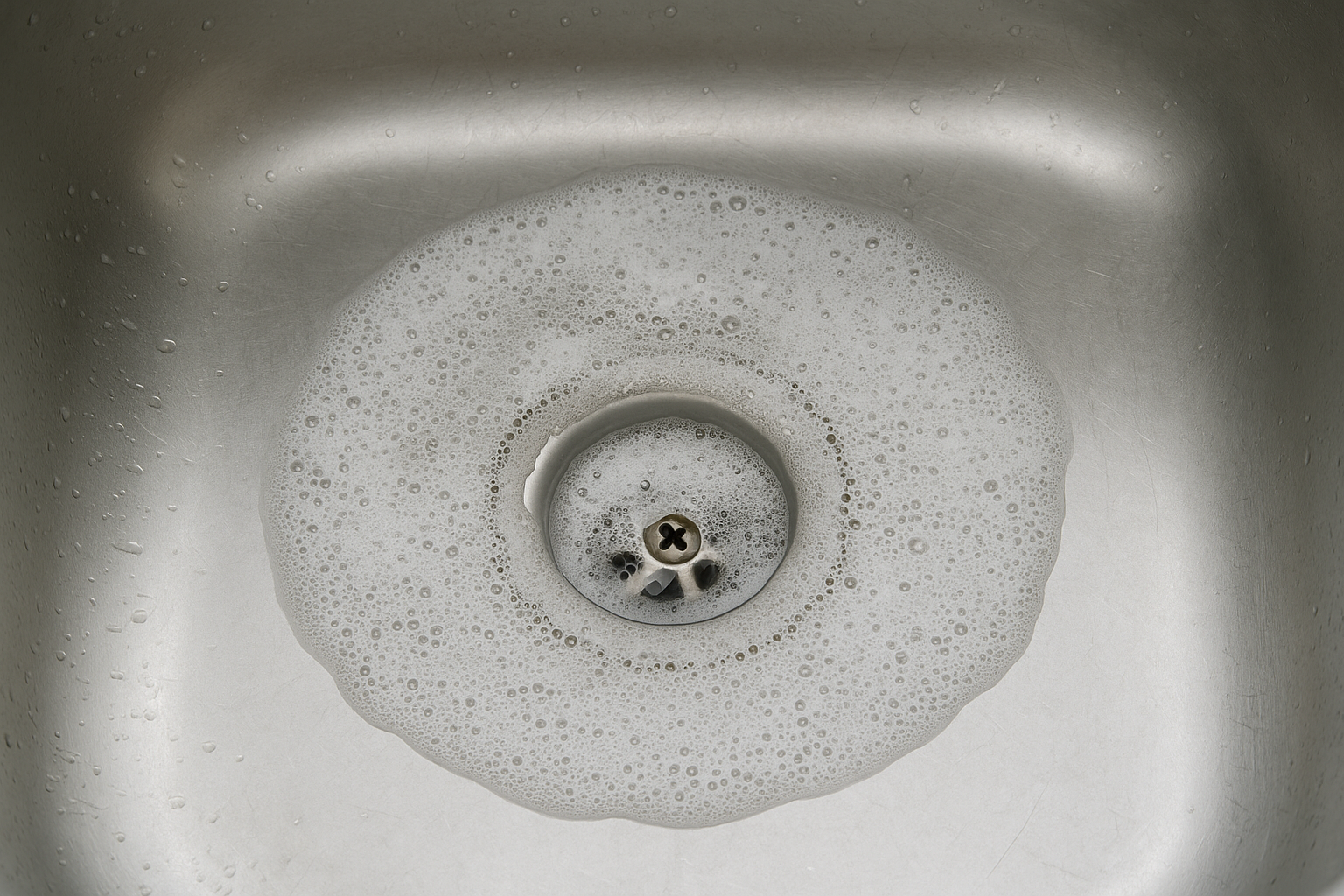 Close-up of a slow-draining sink with hair and soap residue, highlighting plumbing issues