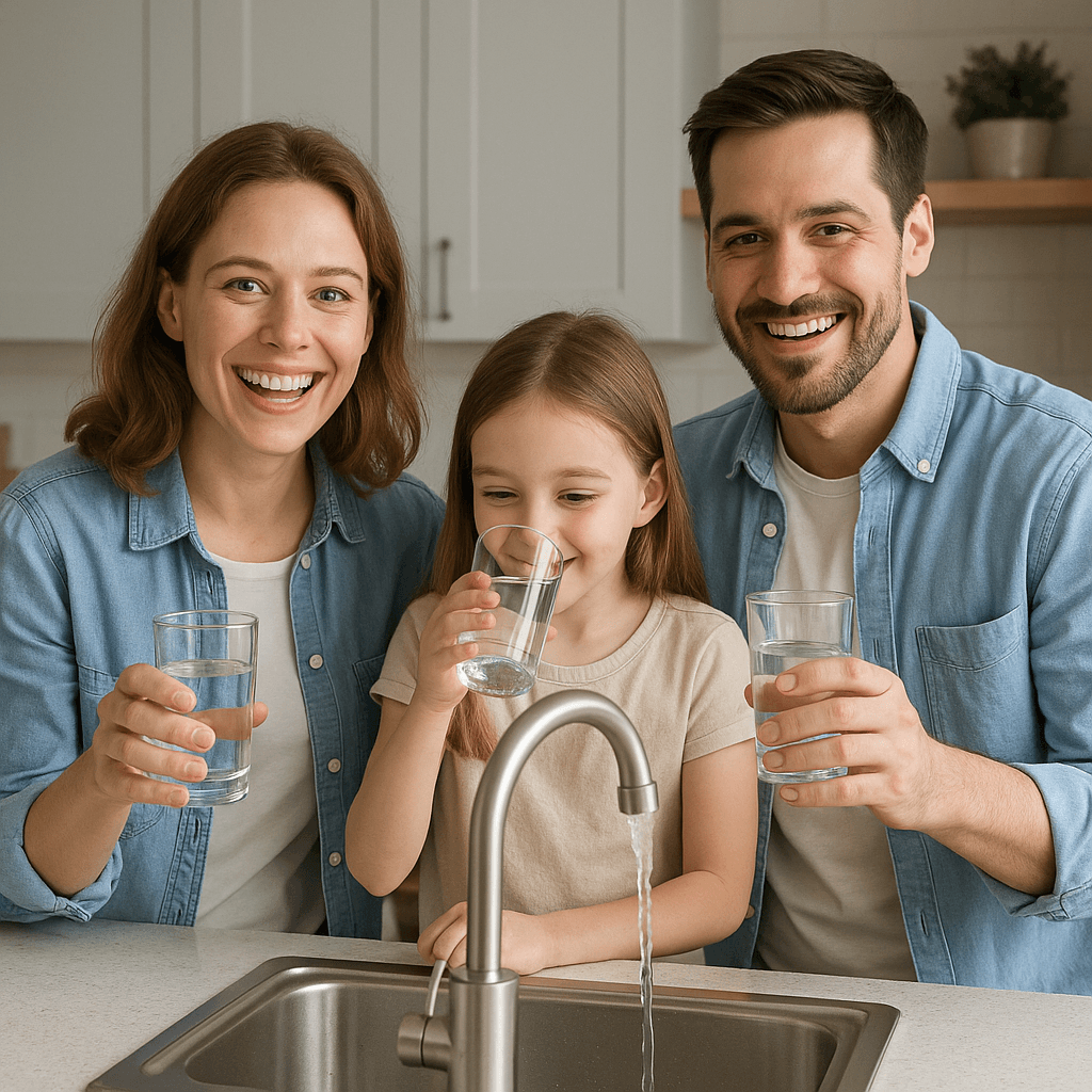 Happy family enjoying clean water in a modern kitchen, illustrating the benefits of PEX repiping Happy family enjoying clean water in a modern kitchen, illustrating the benefits of PEX repiping