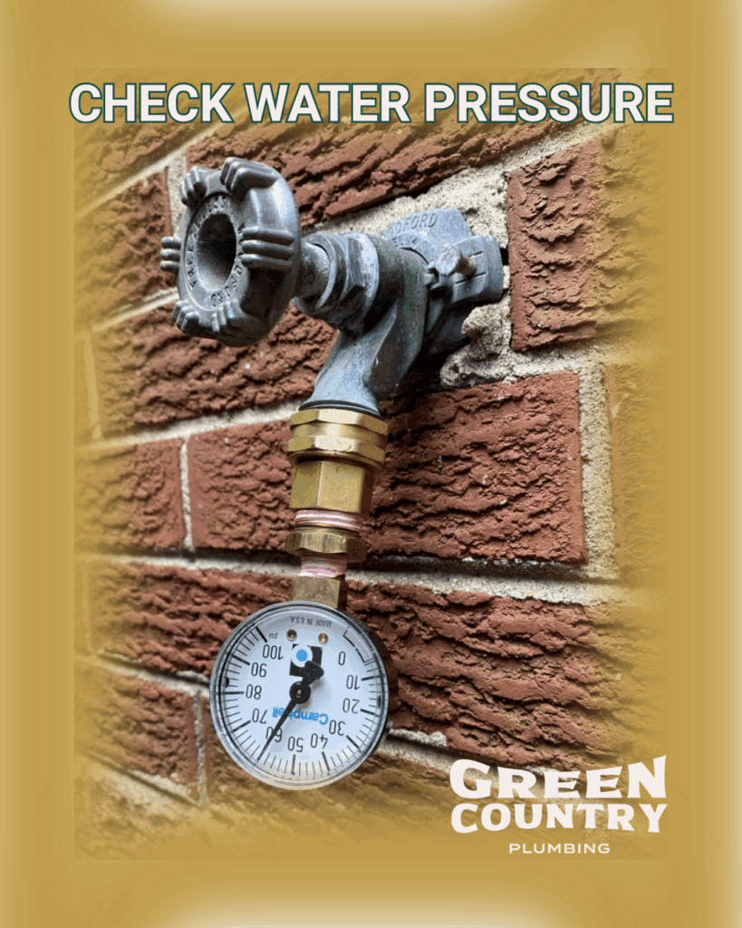 testing water pressure on outdoor hose bib with close up of pressure guage.